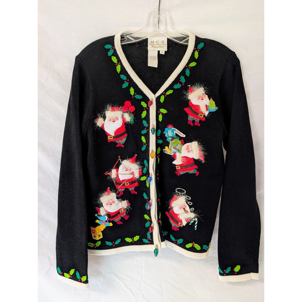 Vintage Novelty Christmas Cardigan Sweater M Black 3D Santa Embellished